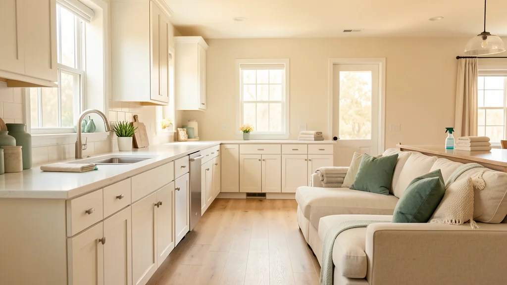 A bright, freshly cleaned kitchen and living space